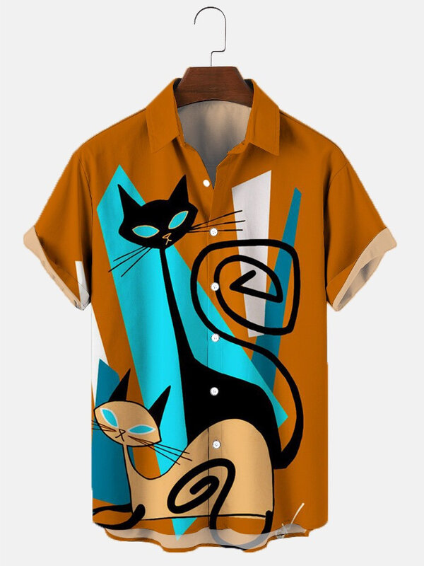 2022 Hawaiian Shirt Men Summer 3d Cat Printed Shirts For Men Holiday Short Sleeve Beach Tops Tee Shirt Men Oversized Blouse