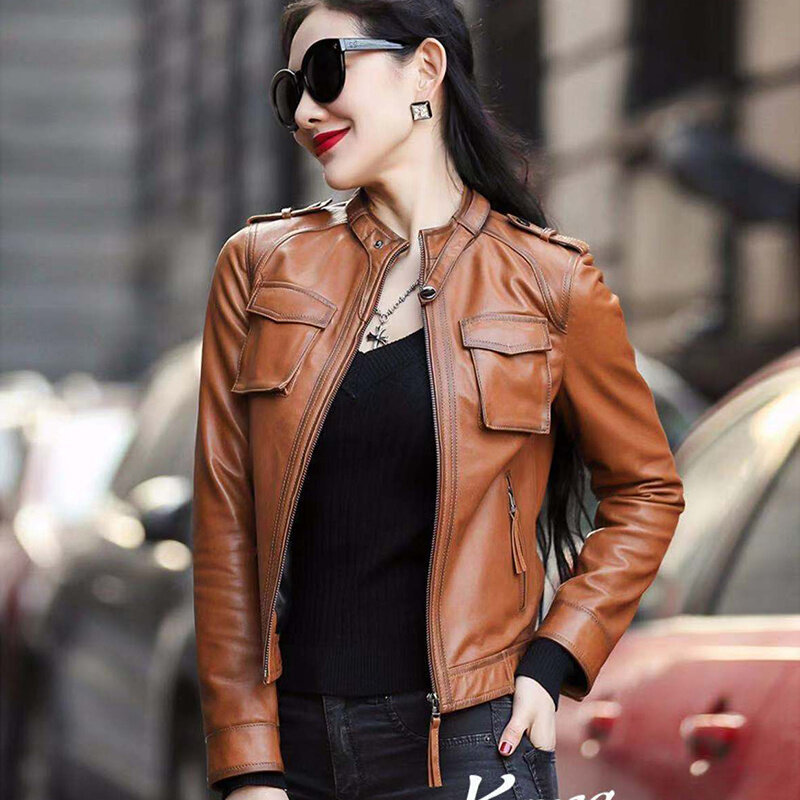 Vintage Real Sheepskin Coat Female Spring Autumn Fashion Stand Collar Slim Zipper Short Motorcycle Leather Jackets for Women