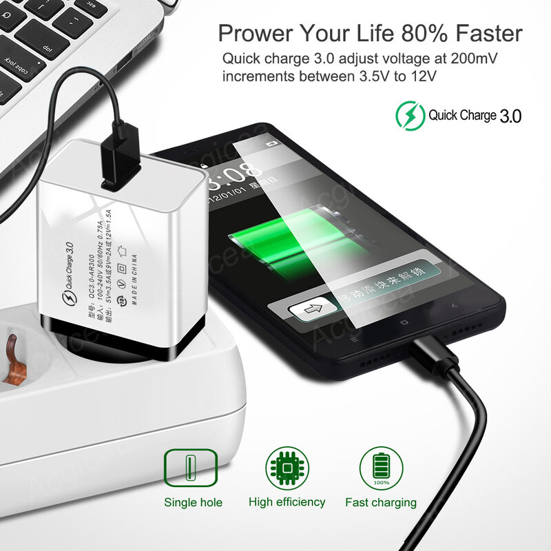 Chargeur rapide Chargeur USB Charge rapide 3.0 pour iPhone 12 Samsung Xiaomi 13 12 Redmi Huawei EU US Plug Adaptateur Chargeur de téléphone portable