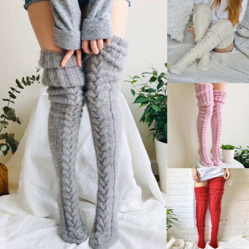 Autumn Winter Women's Woolen Stockings Cold Proof Solid Over Knee Stack Thick Socks Ladies Thigh Length Feet Leg Warmer Sets