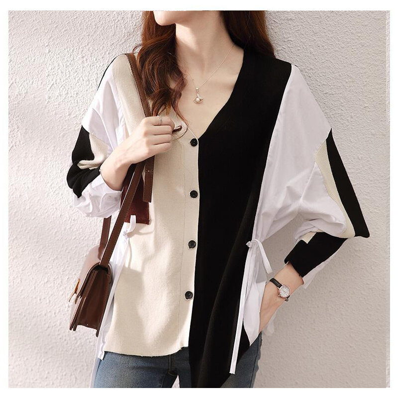Koreański Fashion V Neck jednorzędowy kontrastowy kolor sweter dziergany kobiety jesień luźna asymetryczna bluzka Top odzież damska