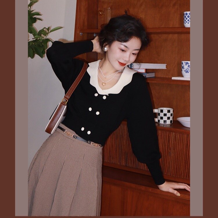 French Vintage knitwear autumn women's contrast short girlish style versatile Lantern Sleeve Top Pullover Sweater women свитер