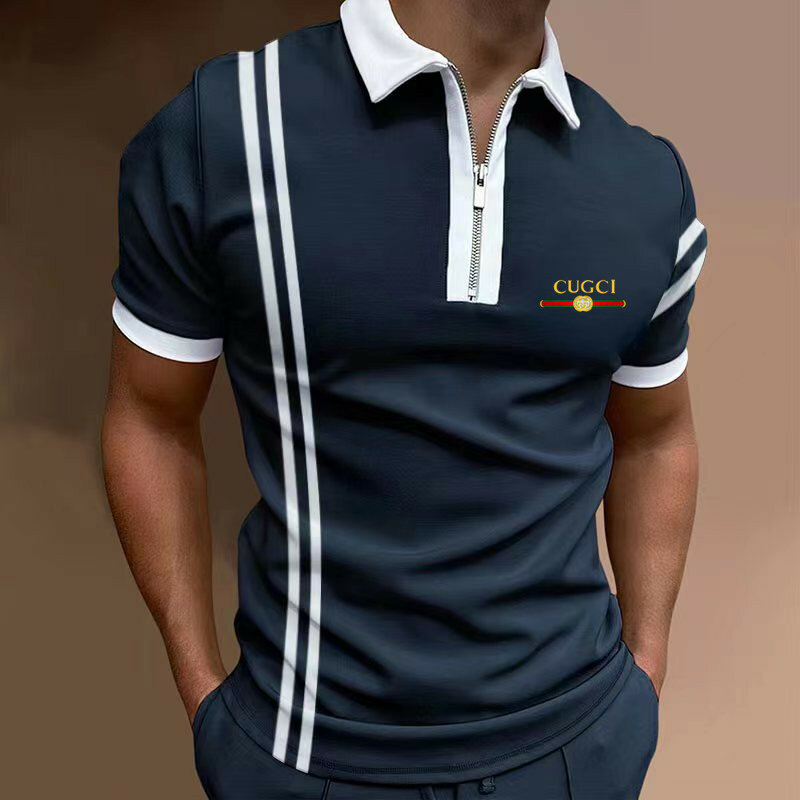 Мужская однотонная приталенная рубашка-поло, Повседневная футболка в полоску с отложным воротником, на молнии, весна-лето 2023