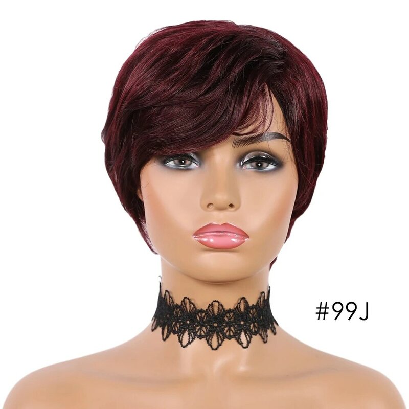 Pelucas cortas de cabello humano para mujeres negras, pelo brasileño Remy liso con corte Pixie, hechas a máquina, sin pegamento, baratas, por debajo de 30 $