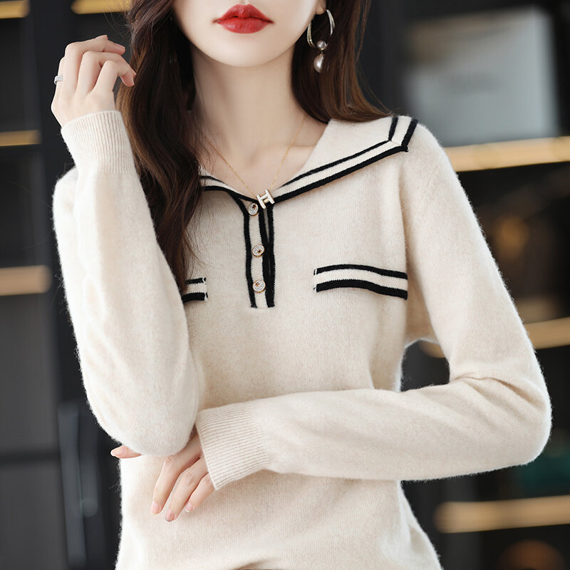 Pulôver de cashmere de lã pura gola polo feminino solto camisola outono inverno versátil na moda estilo ocidental camisa de fundo