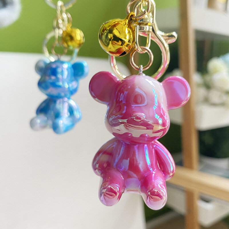 Creative Acrylic Colorful PU Keyring Cute Cartoon Magic Bear Crystal Keychain Car Bag Pendant Couples Gift Women Men Jewelry