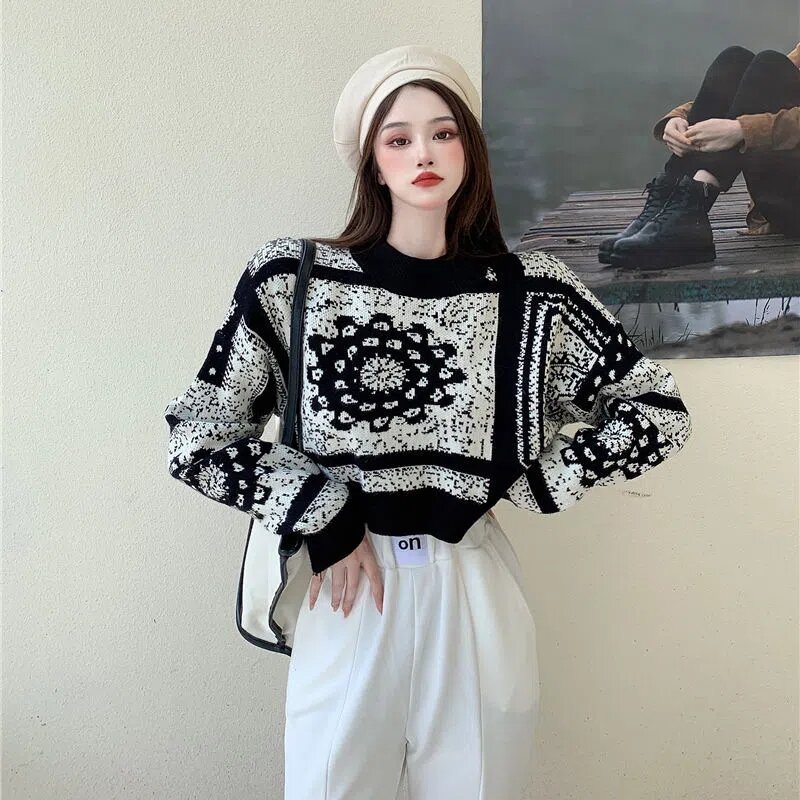 Pull tricoté en Jacquard à col rond pour femme, pull taille haute, mode coréenne, style japonais, Vintage, nouvelle collection automne hiver