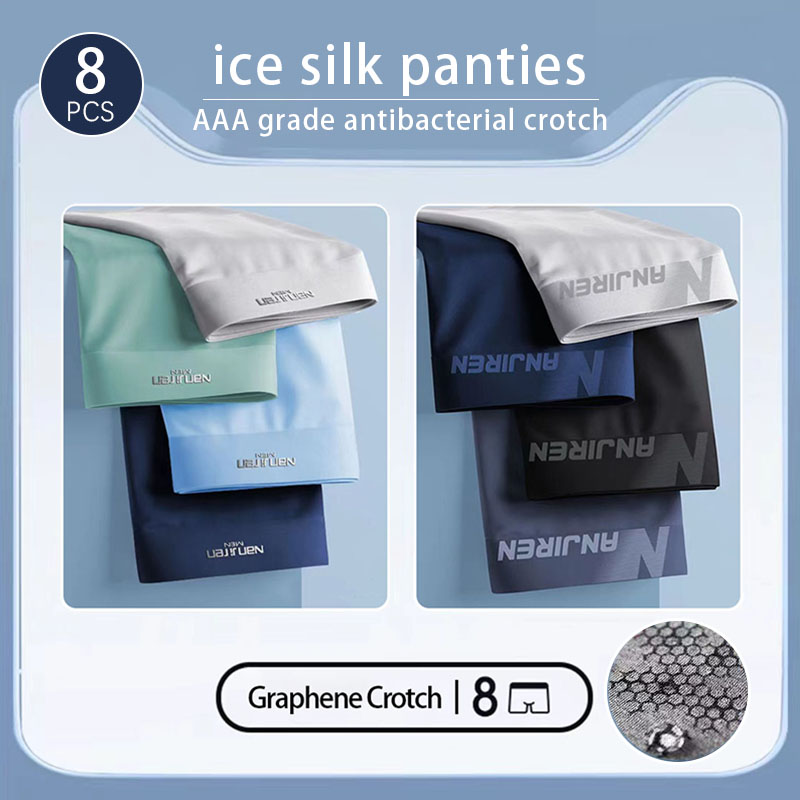Calções boxer de seda gelo dos homens verão 8pcs graphene 3a roupa interior antibacteriana respirável plus size calcinha confortável sexy boxer