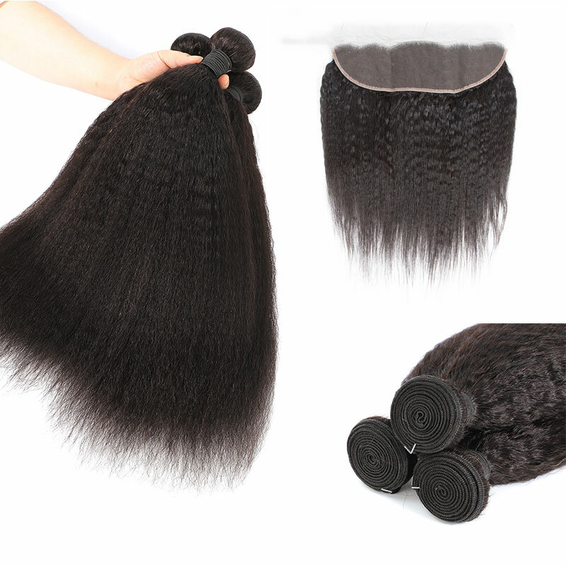 Dreamdiana 100% cabelo peruano 13x4 yaki cabelo reto orelha a orelha rendas frontal com pacotes kinky reta pacotes com frontal