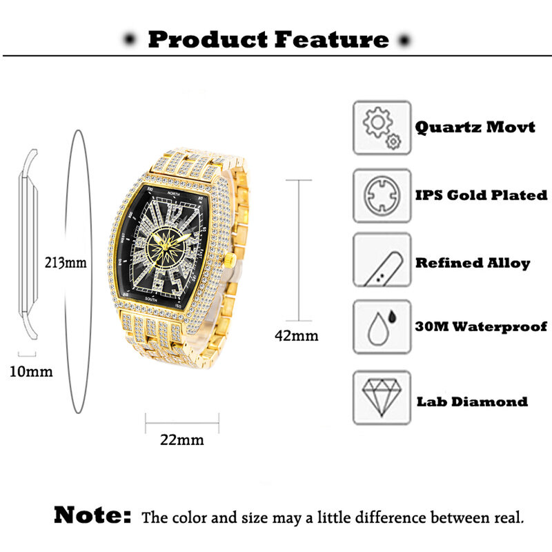 독특한 Tonneau 아이스 아웃 남성용 시계, 완전 블링 다이아몬드 남성용 시계 힙합 쿼츠 손목 시계 18k 골드