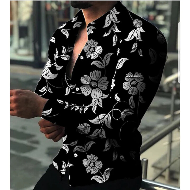 Рубашка мужская оверсайз с длинным рукавом, модная повседневная сорочка с цветочным принтом, винтажный кардиган, блузка