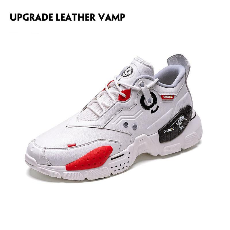 Onemix Loopschoenen Voor Mannen Lederen Vamp Lace Up Vrouwen Paltform Schoenen Lopen Sneakers Casual Mode Wit Chunky Papa Schoenen