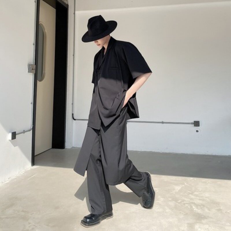 Pantalones Retro de doble capa para hombre, estilo gótico, negro, Color sólido, falso, 2 piezas, Japón, juvenil, con personalidad