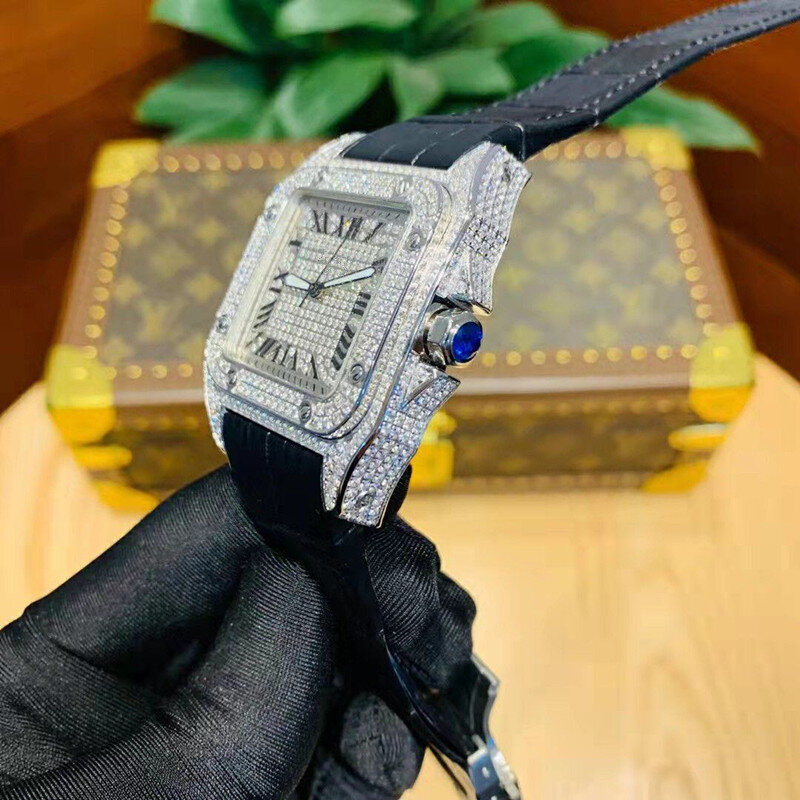 Santos-relojes mecánicos de cuero genuino para hombre y mujer, pulsera automática con diamantes, resistente al agua, marca de lujo, w20073 x 8
