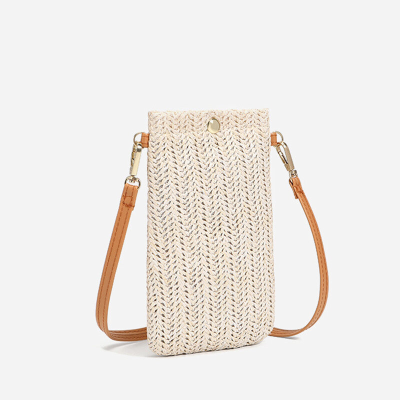 女性のためのファッショナブルな手織りのストローバッグ,ボヘミアンスタイルのビーチショルダーバッグ,小さな頑丈な携帯電話のポケット