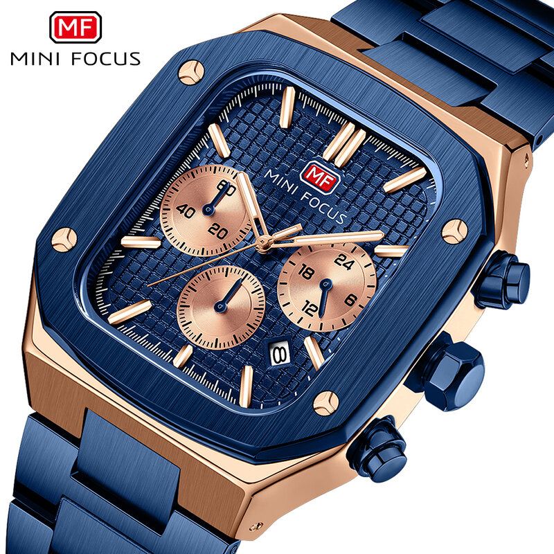 Mini foco moda luxo relógio de quartzo para homem luminoso multifunções sub-mostradores relógios masculinos rosa ouro azul aço inoxidável banda