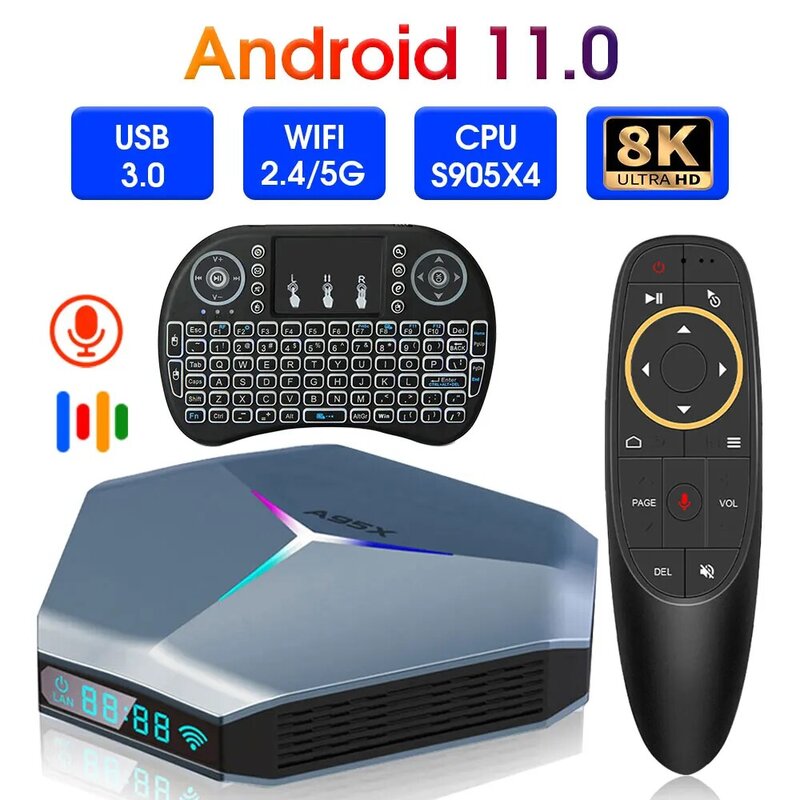 Приставка Смарт-ТВ A95X F4, 4 + 64/32 ГБ, Android 11 RGB Light USB 3.0 Set Top Box Amlogic S905X4 Wifi BT 4G 64GB 32G Media Player ТВ-ресиверы