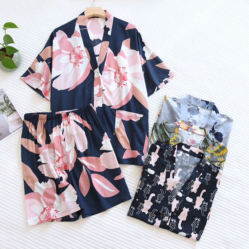 Women's Pajamas Sets Kimono Floral Print Sleepwear Cotton V-Neck Nightwear Casual Short Homewear Female Short-sleeve Shorts Suit