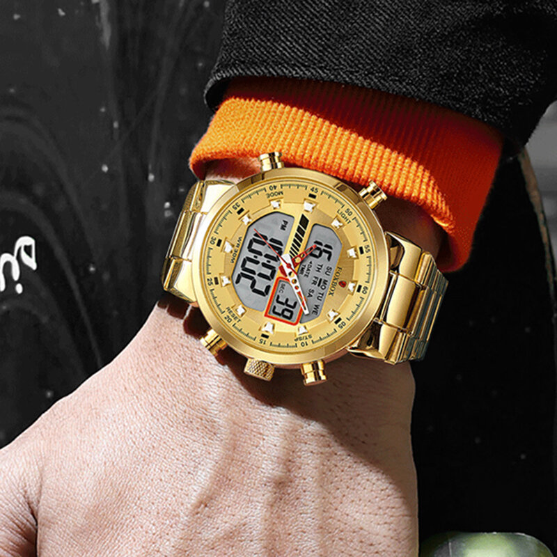 LIGE-reloj analógico de acero inoxidable para hombre, accesorio de pulsera de cuarzo resistente al agua con doble pantalla, complemento Masculino deportivo de marca de lujo con diseño militar, disponible en color dorado