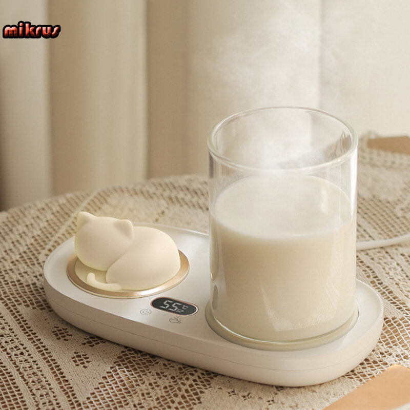 Lovely Cat 3 Gear Temperature 8 Jam Auto-Off Coffee Milk Water Mug Warmer Heating Cup Coaster Mat dengan Night Light Cup Heater