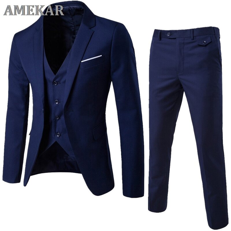 Men 's 3 Pieces Black Elegant Suits With Slim Pants Brand Fit Single Button Party Formal Business Male Set Dress Suit
