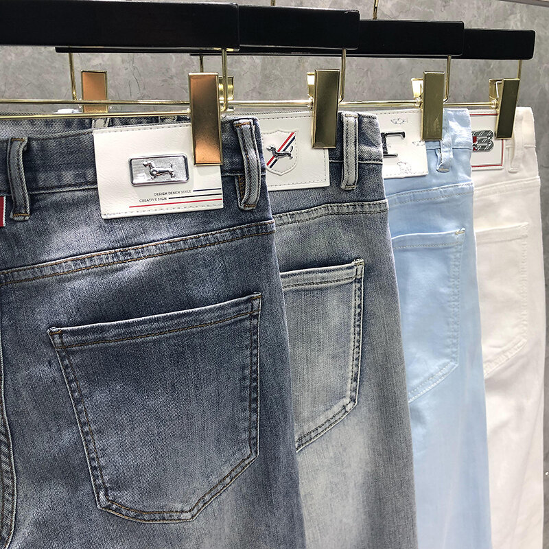 TB THOM jeansy, 2022 moda jednorzędowe spodnie z łańcuszkiem cztery pory roku wysoka talia ołówkowe dżinsy luksusowe marki spodnie TB