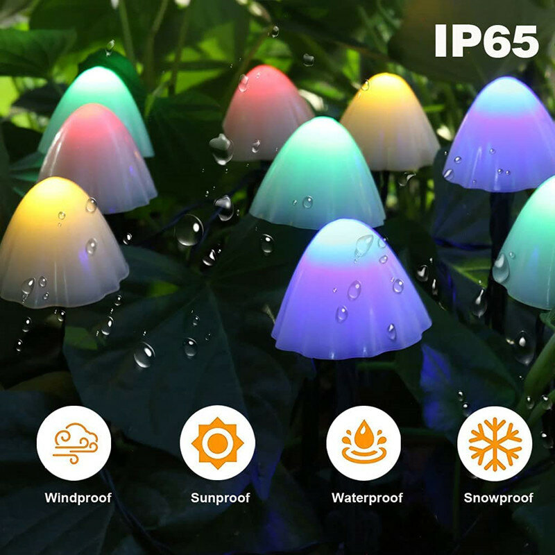 LED 태양 문자열 조명 귀여운 버섯 요정 빛 IP66 방수 크리스마스 화환 램프 파티오 울타리 정원 장식 투광 조명