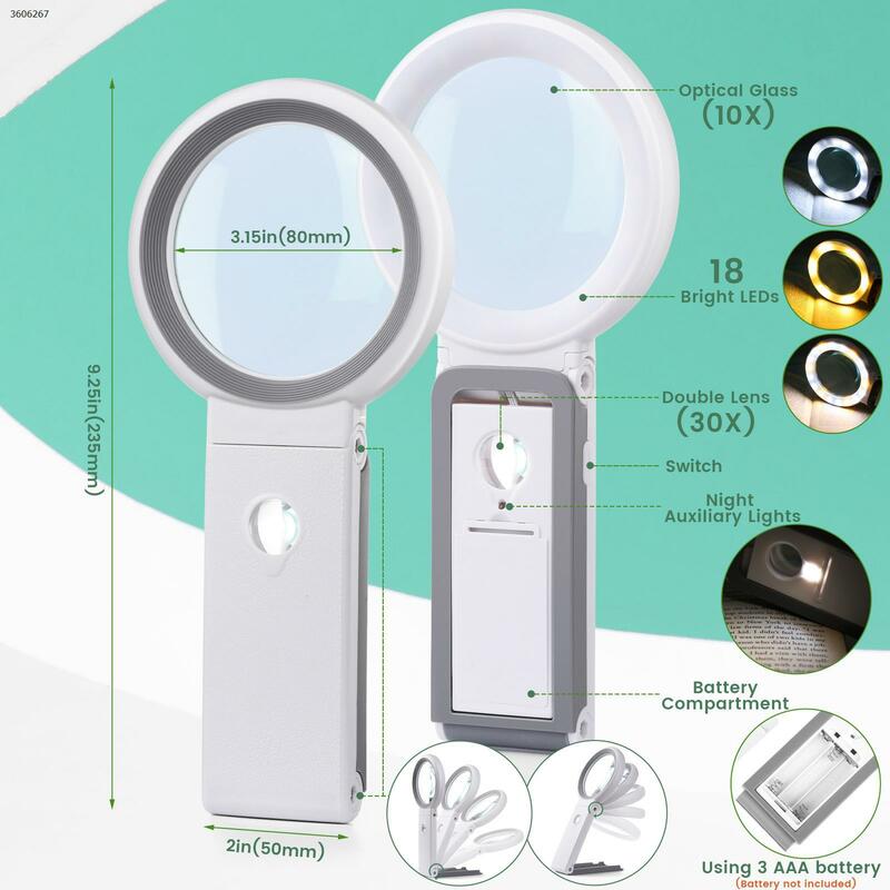 Lupa LED de escritorio, lente de cristal óptico con cuentas de 18 lámparas, soporte de mano, lente de alta potencia dos en uno