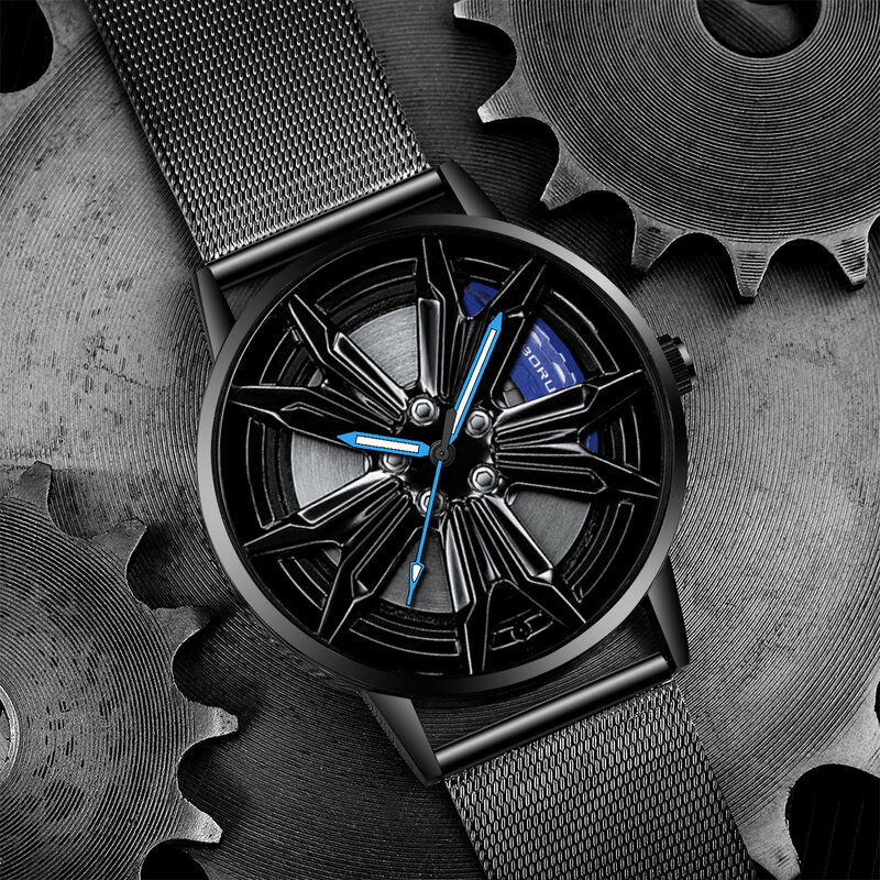 Fashion Mens Car Wheel Watches Stainless Steel Mesh Belt Waterproof Watch Men Quartz Wristwatch Luminous Clock relogio masculino