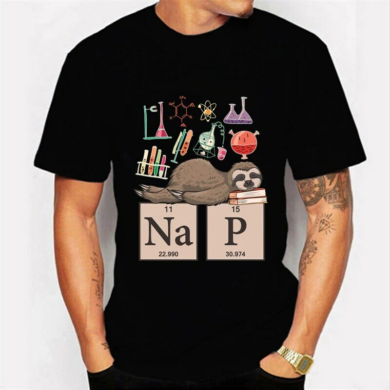 Funny Chemistry Sloth Classic Print T-shirt for Men Clothes Funny Sloth Kawaii Black Male T-shirts Oversized Tee Shirt Camiseta