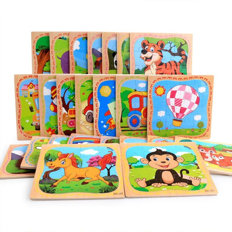 16 개/대 나무 지그 소 퍼즐 교육 장난감 귀여운 만화 패턴 미취학 아동을위한 냄새없는 독립적 인 생각