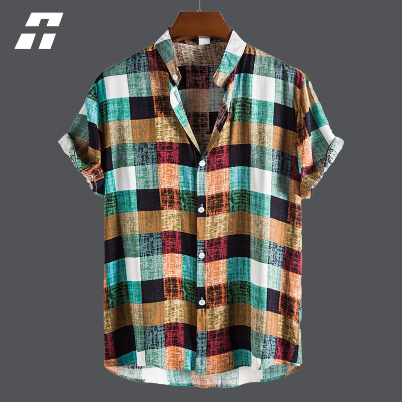 Chemises hawaïennes à carreaux pour hommes, chemisiers de plage décontractés à manches courtes avec un bouton, mode coréenne imprimée, 2022