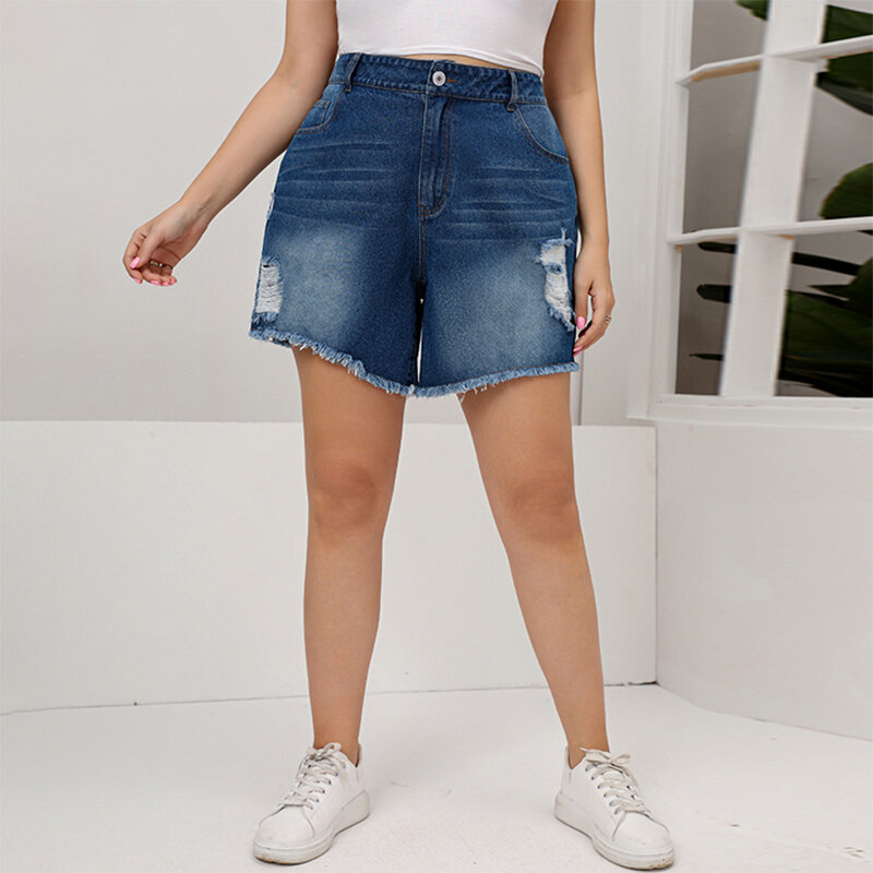 High Waist Straight Jeans Shorts Women Plus Size Solid Color Elastic Loose Holes Casual Distressed Button Pocket Fashion Denim