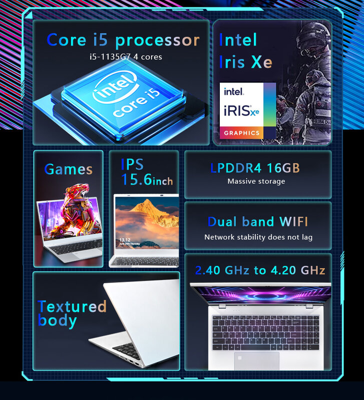 Ordenador portátil Intel Core I5 1135G7, 15,6 pulgadas, 16GB, DDR4, 512GB, SSD, pantalla FHD, huella dactilar, Windows 11