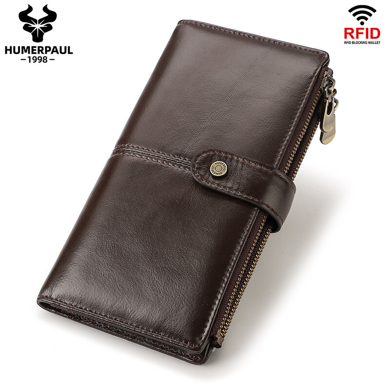HUMERPAUL Genuine Leather Wallet Men with Coin Pocket Large Capcity Long Purse Cell Phone Bag RFID Card Holder Vintage Portfel