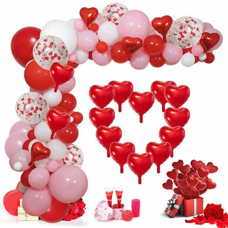 زينة عيد الحب الأحمر الوردي الأبيض بالونات للاحتفال عاشق 93 قطعة طوق من البالونات طقم جارلاند للنساء بنات القلب