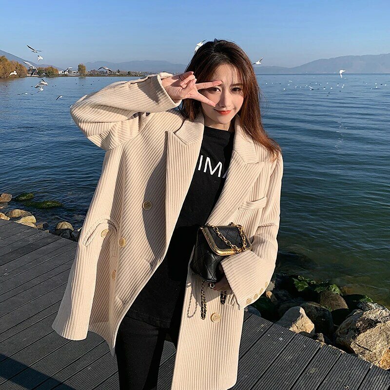 Autumn and winter new Korean corduroy coat Women's classic college style single breasted loose fit medium long wool coat