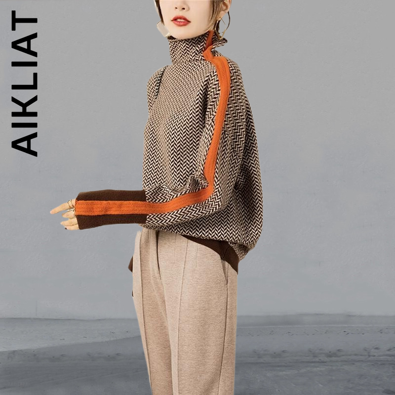 Женский свитер Aikliat с высоким воротником, модный вязаный популярный винтажный Топ, женская уличная одежда, дешевый вязаный свитер, шикарный ...