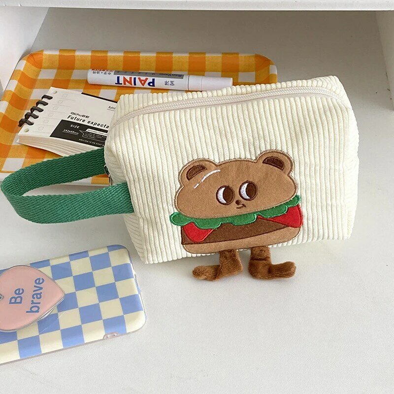 Bolso de mano Kawaii con bordado de oso de hamburguesa para mujer, bolsa de pana para compras, bolso de mano de moda coreana, monedero portátil