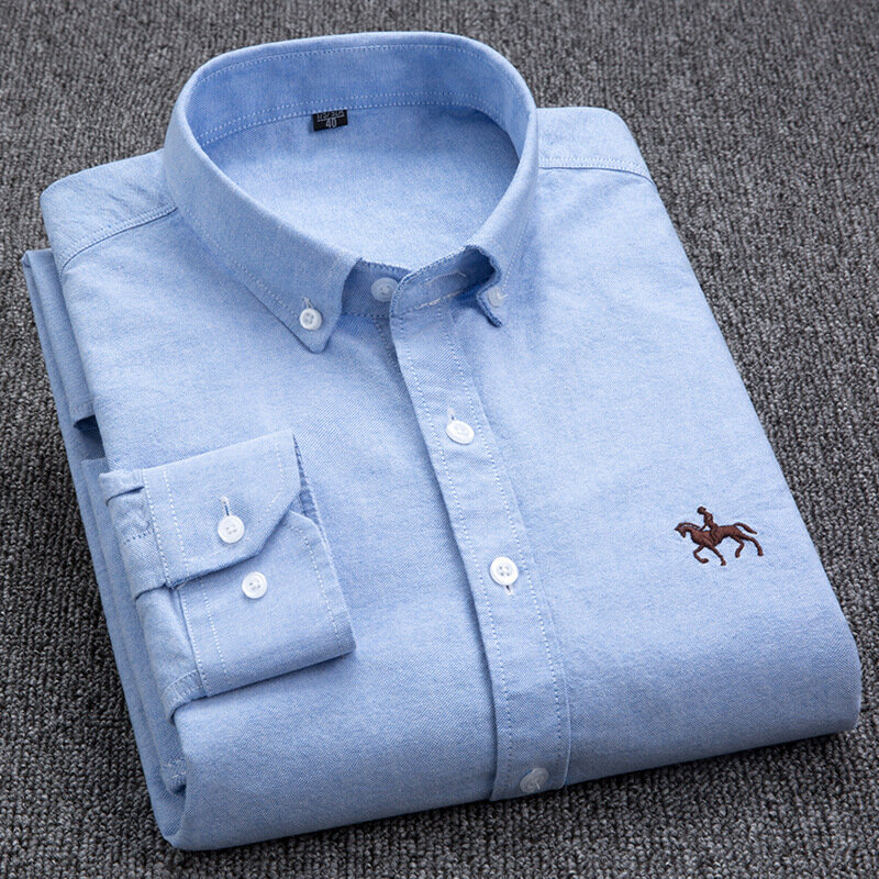 Kaus Oxford Pria Putih Katun 100% Kasual Baju Pria Sosial Fit Ramping Bergaris Kotak-kotak Lengan Panjang