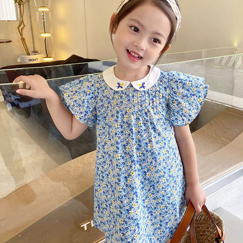 Gaun Baju Bayi Perempuan Motif Bunga Manis Baru Pakaian Butik Anak-anak Gaun Baju Bayi Rok Bordir Biru Vintage Anak-anak