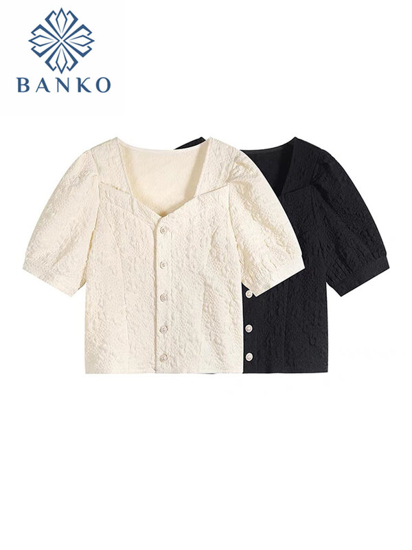 Женская винтажная блузка на пуговицах, Элегантная блузка во французском стиле с коротким рукавом и квадратным вырезом, летняя модная униве...