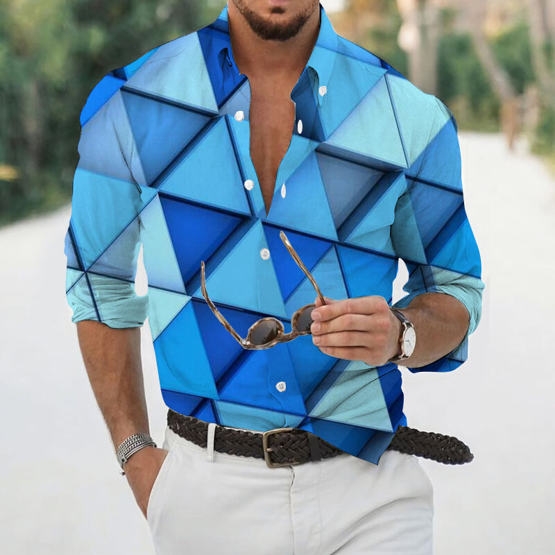 Camicie Da Uomo Primavera Autunno Stampa Digitale Geometrica Risvolto Manica Lunga Camicia Thường Ngày Hawaiana Allentata S-3XL