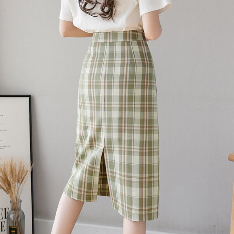Винтажная клетчатая юбка Wisher & Tong, Женская юбка-карандаш с высокой талией, корейские модные зеленые юбки с разрезом сзади, весна 2022