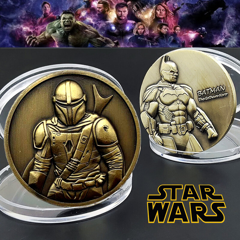 Moneda de Oro de Metal en relieve para hombre, colección de superhéroes de Batman, Iron Man, mandaloriano, Star Wars, Spiderman, 40MM