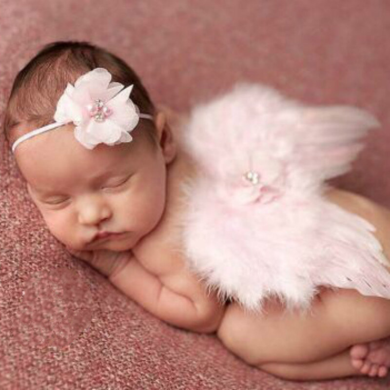 Moda para bebés recién nacidos, cinta para el cabello con pelo y encaje, alas de Ángel, accesorios de flores, accesorios de fotografía infantil
