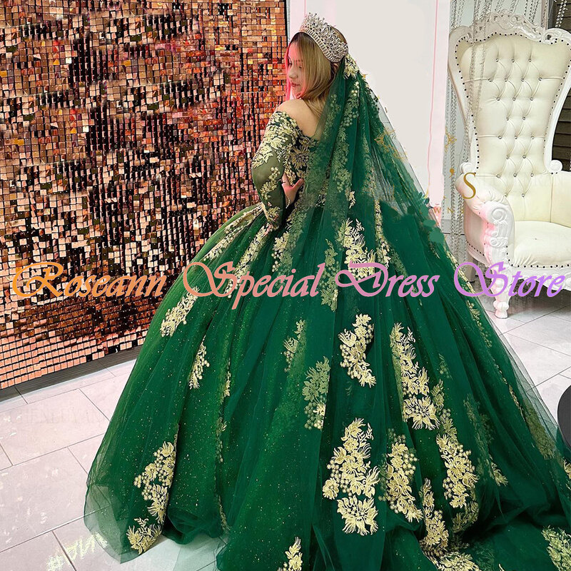 Зеленое шикарное платье Quinceanera, мексиканское, с открытыми плечами, ТРАПЕЦИЕВИДНОЕ, с кружевной аппликацией и длинными рукавами, Vestidos De XV, Anos
