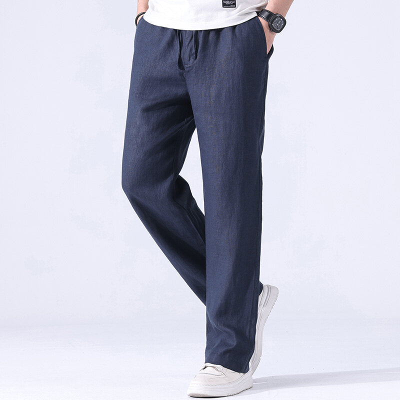 Lato 2022 nowe lniane spodnie o jednolitym kolorze wysokiej talii prosto luźna cienka codzienne męskie spodnie