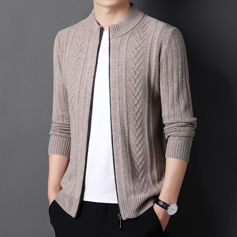 Men's pure wool sweater zipper cardigan autumn and winter stand collar jacquard Korean jacket thickened men's sweater