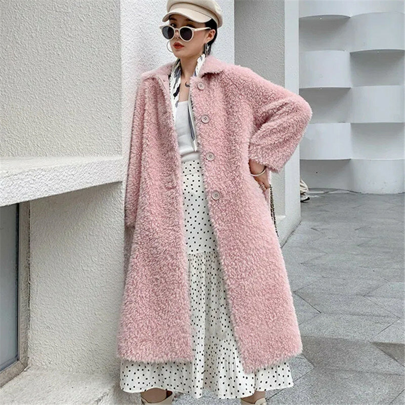 Abrigo largo de lana de cordero para mujer, abrigo holgado y cálido de piel de oveja, abrigo informal de una sola botonadura, invierno, 2022
